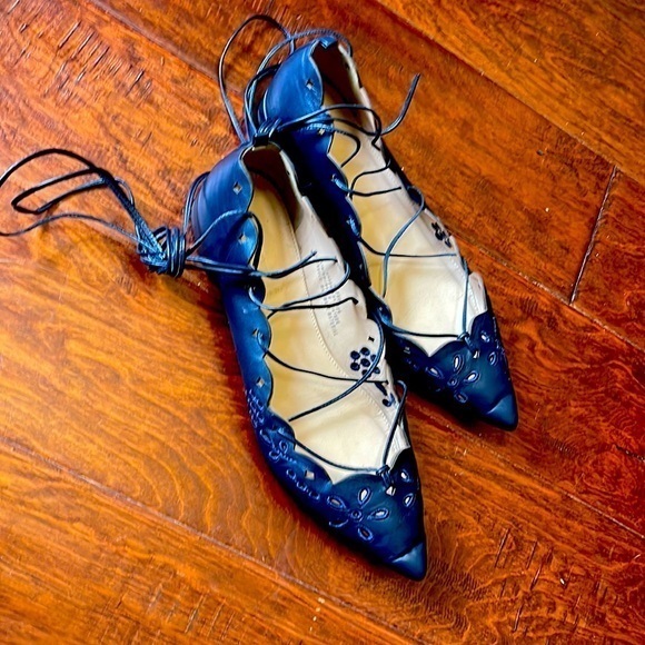 J. Crew navy pointed toe flats with long straps tie up the leg eyelet details - Picture 1 of 11